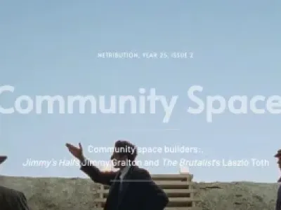 A screenshot from the Brutalist, 'community spaces' imprinted on top.