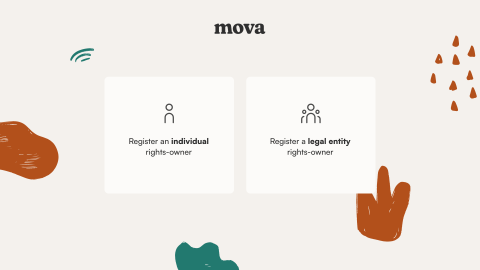 Screengrab from Mova with two large buttons: Register an individual rights-owner and Register a legal entity-rights-owner